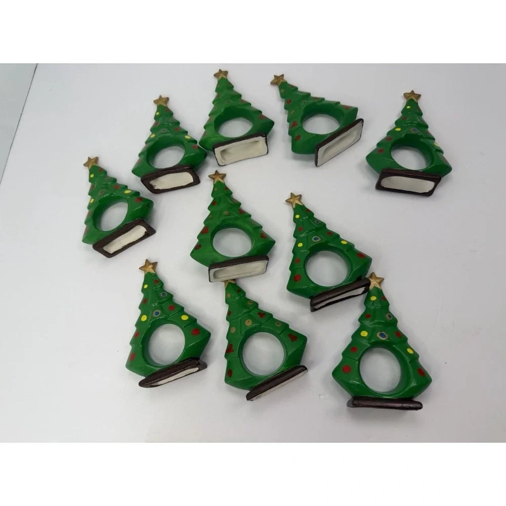 Hand painted Ceramic Christmas Tree Napkin Ring Holders Holiday Home Decor Lot